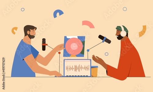People recording podcast or doing radio show about music with headphones, laptop, microphones. Vector illustration.