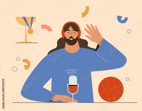 Sport podcast or radio show concept, man talking in microphone in headphones recording stream. Vector illustration in flat style