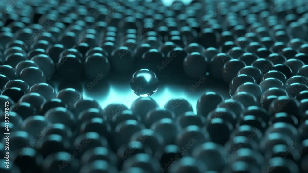 Array of dynamic glass spheres around one glass sphere. Social concept. 3d animation Array of dynamic glass spheres around one glass sphere. Social concept. 3d animation