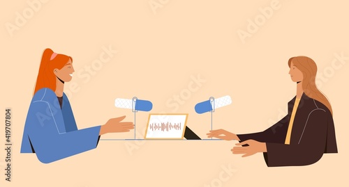 Live podcast, broadcasting, radio interview. Man host and woman in recording studio with microphone, headphones, laptop. Vector illustration in flat style