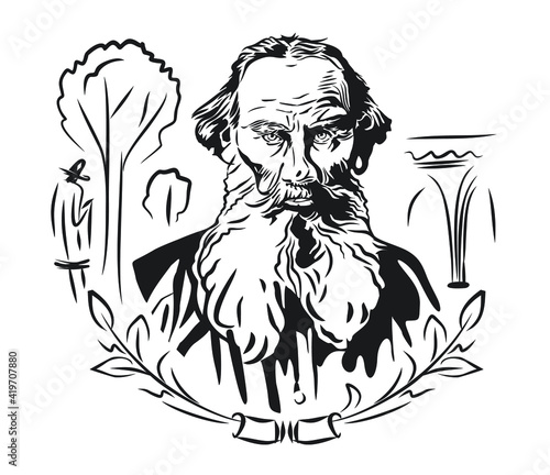 Vector portrait of the famous writer Leo Tolstoy. On a white background is the author, silhouettes of trees, branches, arches.