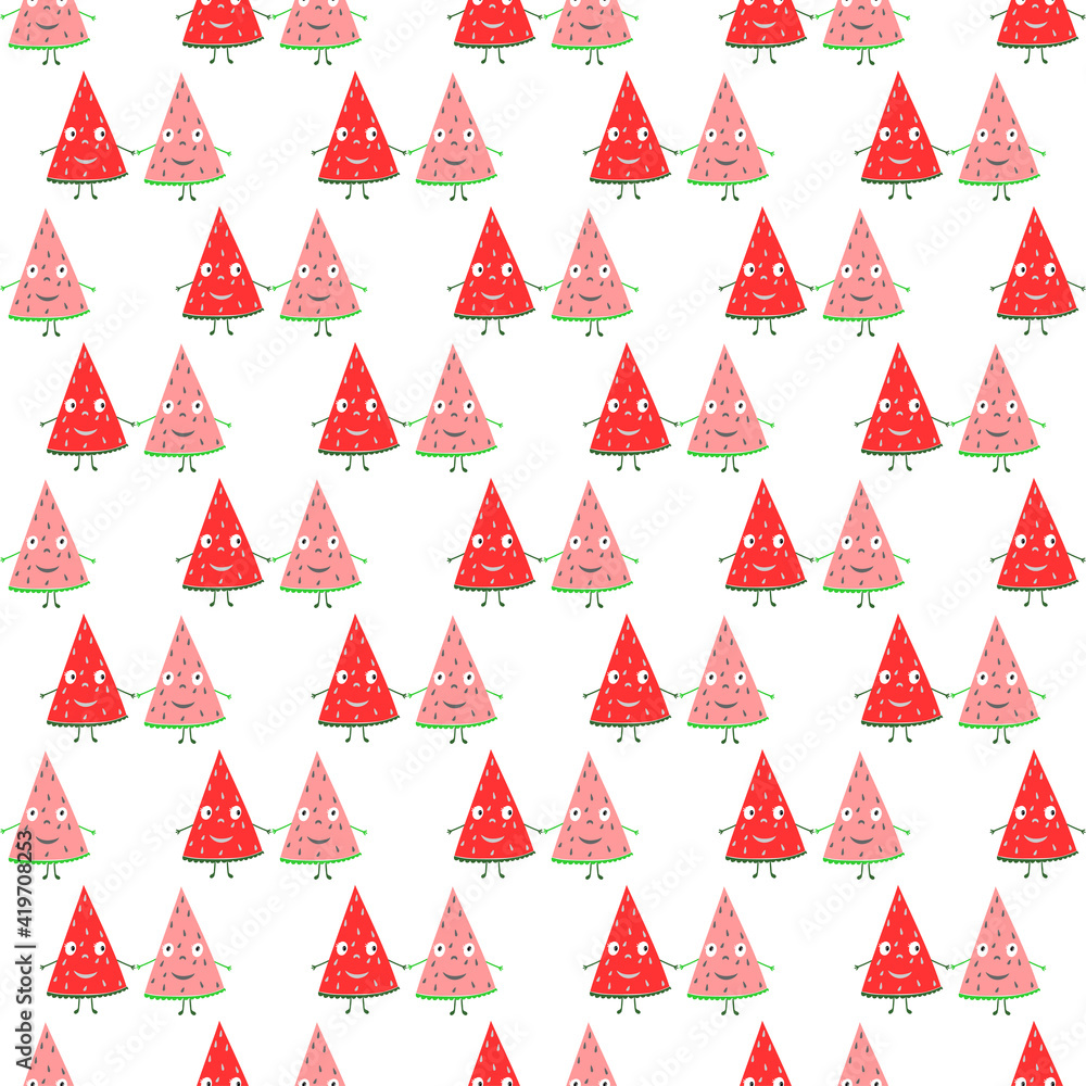 Seamless pattern with cute watermelon slices in cartoon style. Seamless pattern with cute watermelon slices in cartoon style.