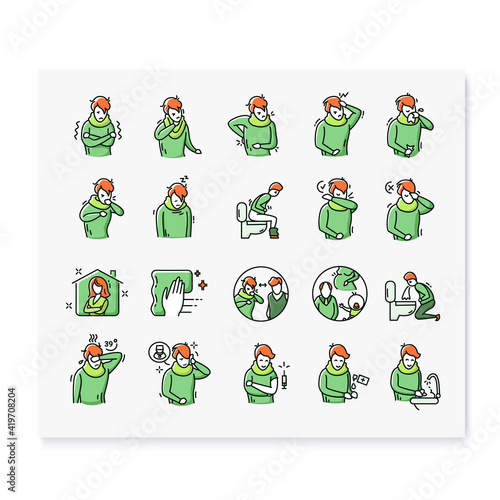 Coronavirus line icons set.Protective measures.Flu disease symptoms and preventions.Health care.Isolated vector illustrations