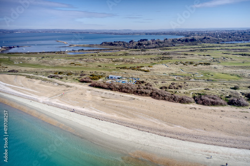 Hayling Island Golf Course a links course on the western tip of Hayling Island and next to the beach sea entrance to Langston Harbour with the Kench nature reserve on the north side. Aerial view. photo