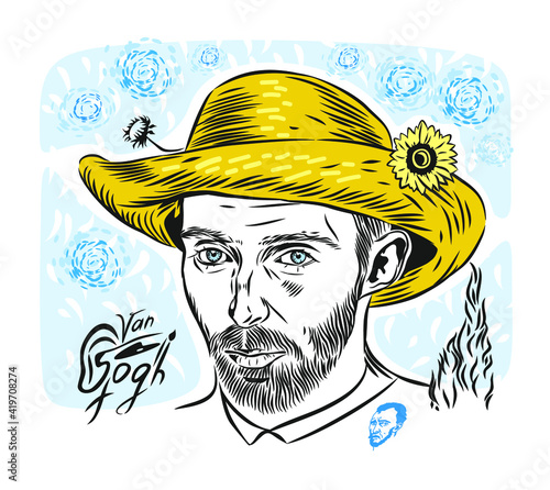 Creative color vector illustration. Portrait of the Dutch artist Vincent van Gogh. The emblem of his name
