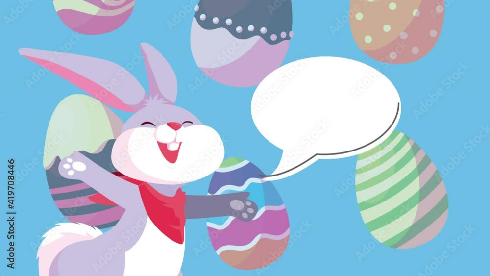 happy easter card with cute rabbit talking and eggs pattern happy easter card with cute rabbit talking and eggs pattern