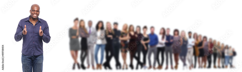 group of people in front of a white background