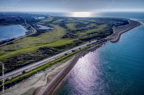 Aerial view of Hayling Golf Club a links course on the western tip of Hayling Island and next to the beach sea entrance to Langston Harbour with the Kench nature reserve on the north side.