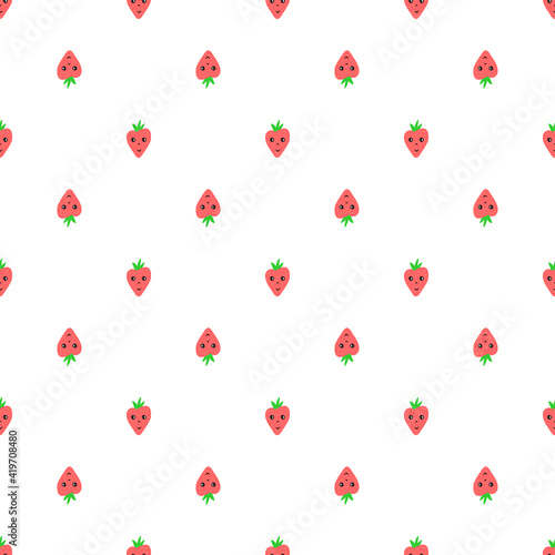 Seamless vector pattern with berries. Strawberry with eyes and smile in cartoon style. Repeating print background texture. Fabric colorful design