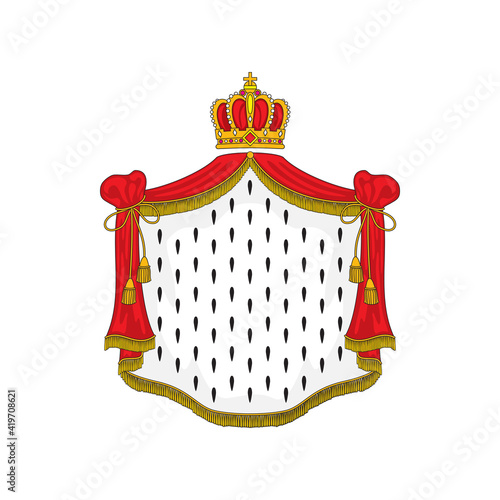 Golden crown and royal mantle of king or queen isolated icon. Vector royal mantle of ermine and gold crown, emperor coat of arms element, symbol of glory. Monarchy power mascot, heraldry sign