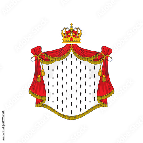 Heraldic background with red ermine royal mantle and crown isolated. Vector luxury king or queen cloth, monarch cloak with tassels and ropes. Heraldry coat of arms, authority and power mascot