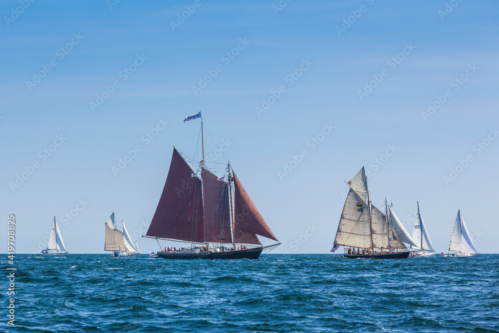 USA, Massachusetts, Cape Ann, Gloucester. Gloucester Schooner Festival, schooner parade of sail.