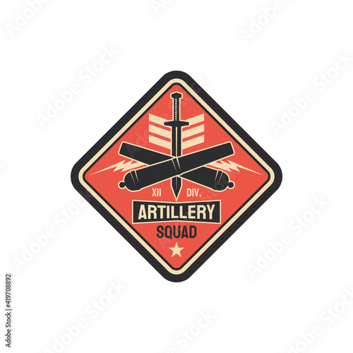 Artillery division military chevron with sword and crossed bomb rockets, army officer rank patch on uniform isolated. Vector artillery army unit to defense in battle, american fighting forces seal