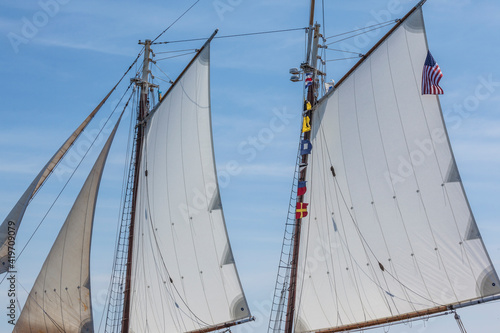 USA, Massachusetts, Cape Ann, Gloucester. Gloucester Schooner Festival, schooner sails.