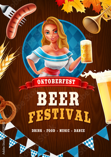 oktoberfest poster with girl and wooden background