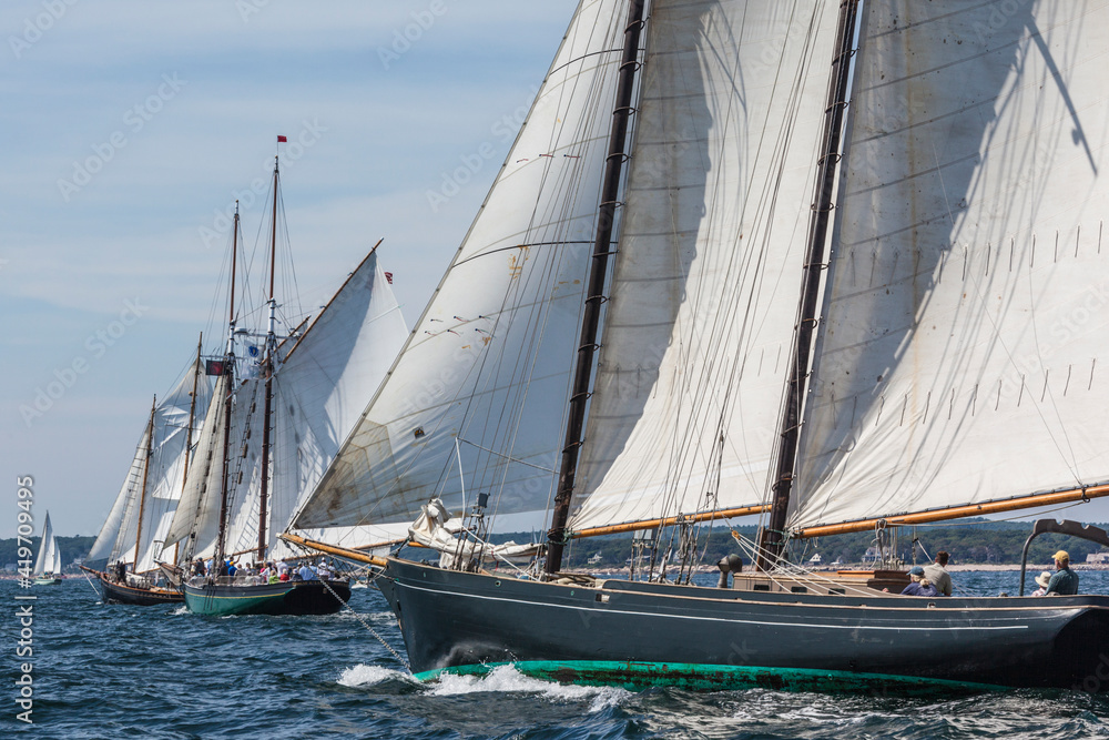 Fototapeta premium USA, Massachusetts, Cape Ann, Gloucester. Gloucester Schooner Festival, schooner parade of sail.