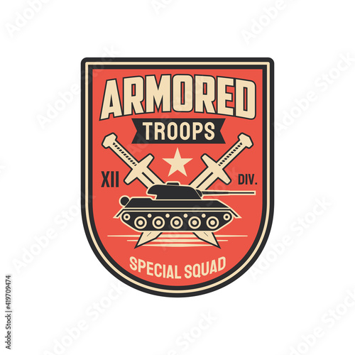 Armored division special squid with tank and crossed swords isolated military chevron with. Vector armed forces defense, officer rank insignia, us infantry patch on uniform. Survival heavy troops
