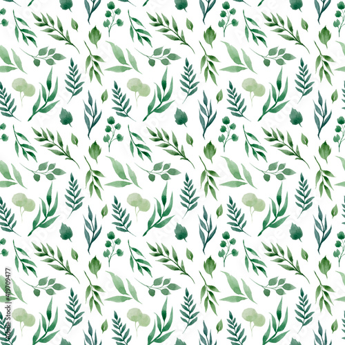Seamless watercolor floral pattern - green leaves and branches composition on white background, for wrappers, wallpapers, postcards, greeting cards, wedding invitations