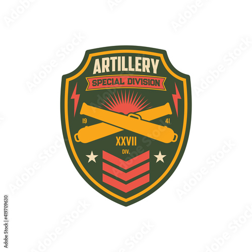 Artillery army unit to defense in battle, american fighting forces seal isolatd miitary chevron patch on uniform. Vector crossed bomb rockets, army division sticker with crossed swords, fire, thunders
