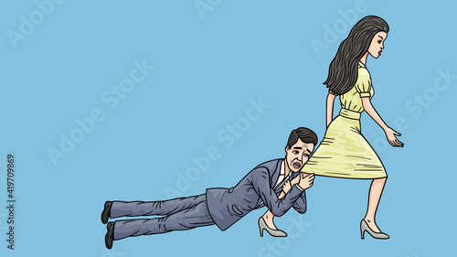 A quarrel between a girl and her boyfriend. A man lies at the feet of a woman.
