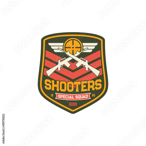 Shooters special snipers squad military chevron, crossed rifles and wings, army insignia with weapon. Vector sniper shield badge, american soldier insignia, US army patch, gunpoint gun, armored troops