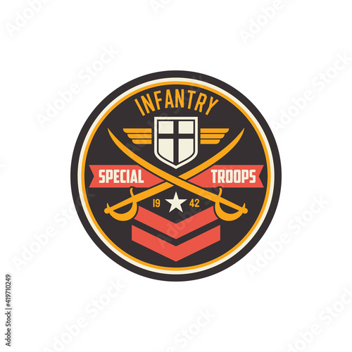 Infantry special troops military chevron with crossed swords, flag emblem and army insignia. Vector squad with crossed swords, military sub-subunit, trooper badge emblem. US army mascot with star