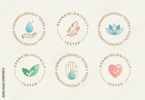 Dermatologically tested icons,label with hand,water drop, leaf and flower.Dermatology test and dermatologist clinically proven logo for allergy free and healthy safe organic cosmetics packaging.Vector photo