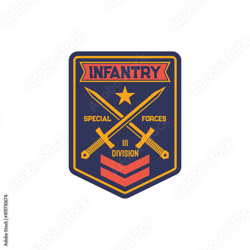 Special forces chevron, infantry troops military squad with crossed sword and officer rank emblem isolated. Vector military sub-subunit, trooper badge on uniform. Special forces, squad chevron emblem