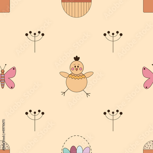Vector graphic easter seamless pattern with butterfly, busket and chicken on a light background