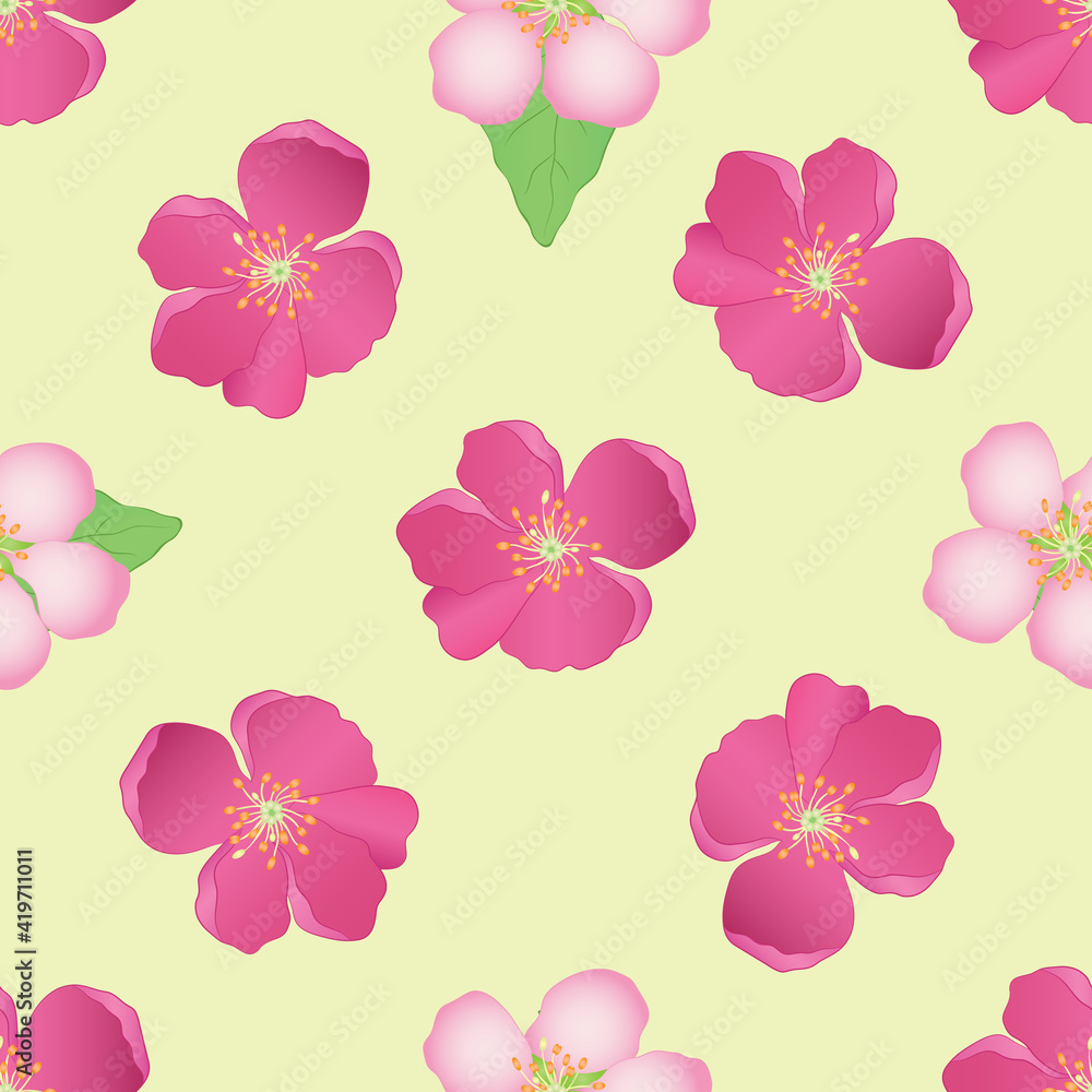 Vector seamless pattern with bright color spring flowers on a light background