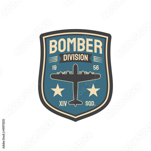 Bomber division army chevron insignia of interceptor plane squad isolated military patch with aviation plane. Vector military aircraft, wwii plane, supermarine spitfire, airplane jet fighter