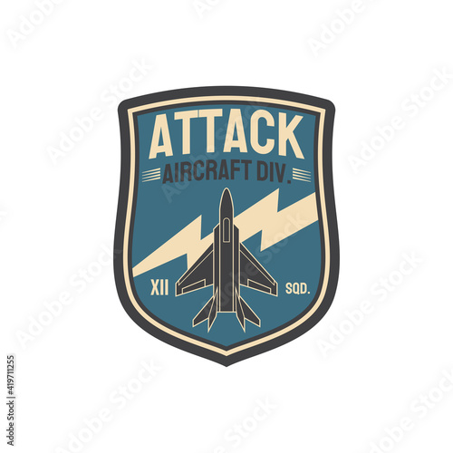 Aviation squad army chevron, aircraft division isolated insignia of airplane jet fighter patch on military uniform. Vector interceptor in attack defend position. Aircraft retro wwii plane on thunder