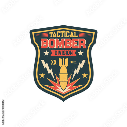 Fototapeta Aviation bomber jet fighter, bombing aircraft, patch on non-commissioned officers uniform with falling bomb
