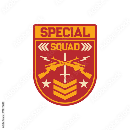 Shooters special snipers squad military chevron with crossed optical rifles and sword isolated. Vector american soldier insignia, US army patch with armour rifle. Gunpoint gun, armored troops emblem