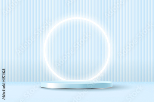 Realistic pastel blue 3d display podium mockup with neon circle on geometric background. Minimal scene with cylinder platform for product show. Vector illustration of pedestal stage for award ceremony
