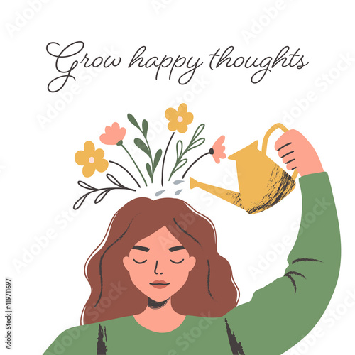 Thinking positve as a mindset. Woman watering plants that symbolize happy thoughts. Flat vector illustration