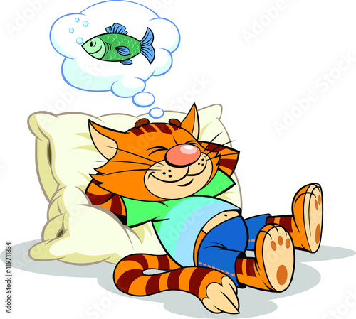 A vector illustration of a cartoon striped red cat 
 having a rest on the pillow and dreaming about the fish.
