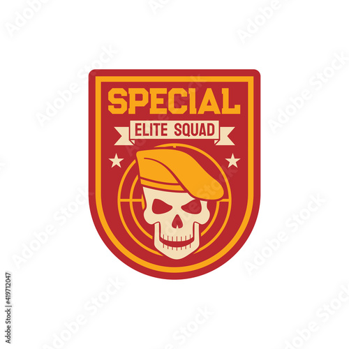 Elite special squad navy marine maritime or aviation forces isolated patch on military officer uniform with skull in beret cap with target. Vector insignia of armed forces of naval and avian warfare
