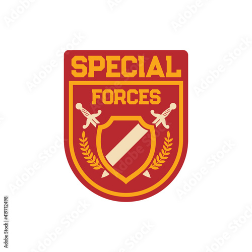 Infantry troops military squad with crossed swords, frame and heraldry olive branches. Vector special forces elite squadron chevron, patch on uniform, army squad. Military armored trooper badge