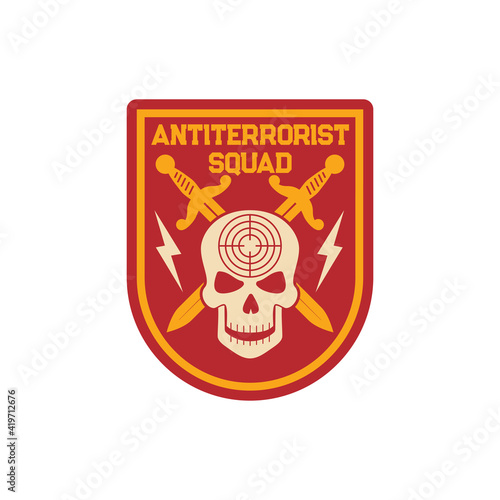 Military anti terrorist squad patch on uniform with crossed swords, skull with target aim, thunder signs isolated. Vector special forces elite squadron, armored trooper badge special troops chevron