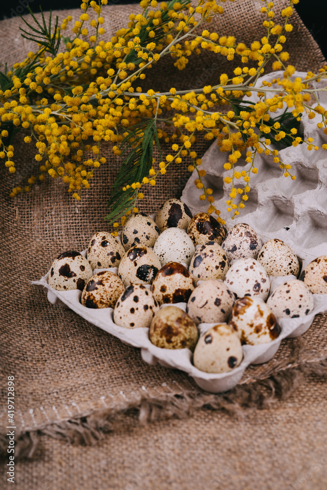 Quail eggs in eco-friendly packaging. Vertical image. Happy Easter day. Quail eggs in eco-friendly packaging. Vertical image. Happy Easter day.