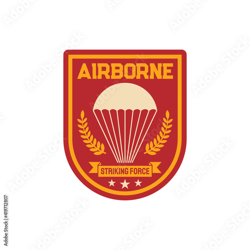 Striking forces airborne special division patch on uniform isolated military chevron label. Vector air army squad, emblem of parachuting skydiving aviation, shield with parachute, olive oil branches