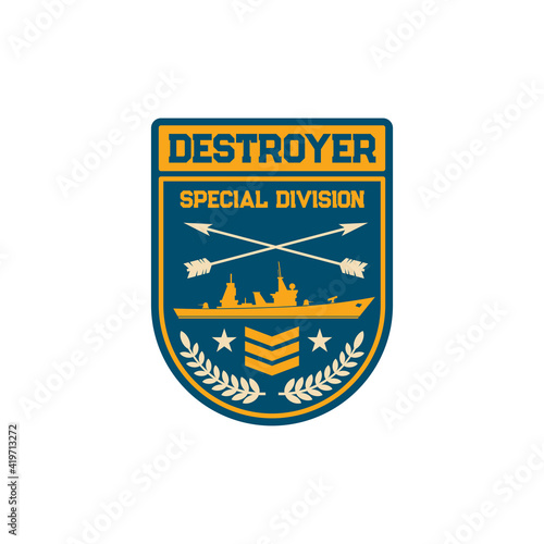 Destroyer submarine maritime division special squad isolated army chevron. Vector navy marine forces patch on military officer uniform. Chevron with sub boat, crossed arrows and olive oil branches