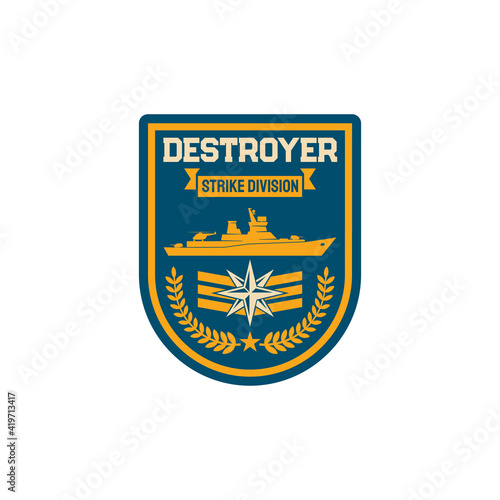 Destroyer submarine maritime division special squad isolated army chevron. Vector navy marine forces patch on military officer uniform. Chevron with sub boat, crossed arrows and olive oil branches