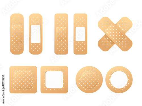 Collection of adhesive bandages, plasters or patches isolated on white background. Vector set aid bandages different forms.