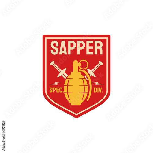 Military chevron of sappers combat engineers squad with sapper equipment bomb and crossed swords. Vector pioneer combat engineer special division chevron, patch on uniform of combatant soldier