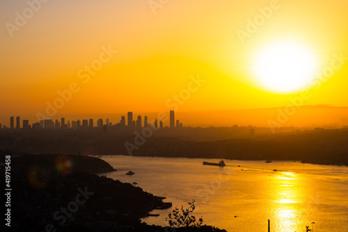 Cityscape of Istanbul and Bosphorus from Beykoz at sunset