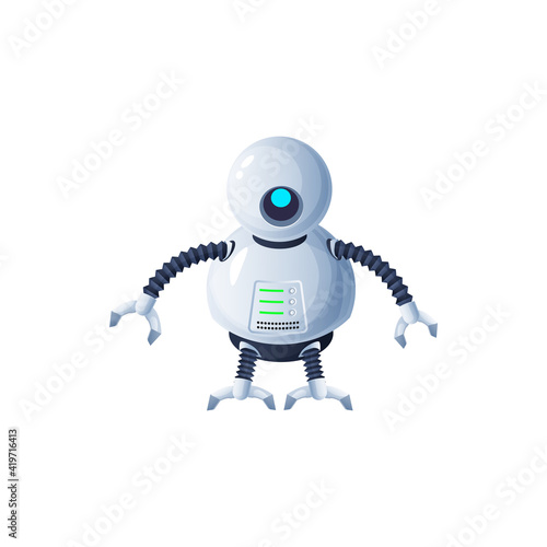 Robot with flexible legs and arms with grabs isolated futuristic humanoid or cyborg. Vector cyber space android with round head and display on body, mechanical plastic or metal kids toy robotic loader