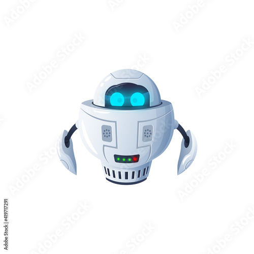 Humanoid robot isolated futuristic cyborg digital character with big digital eyes. Vector modern kids toy, white robotic friendly bot, artificial intelligence electronic automaton, space bot