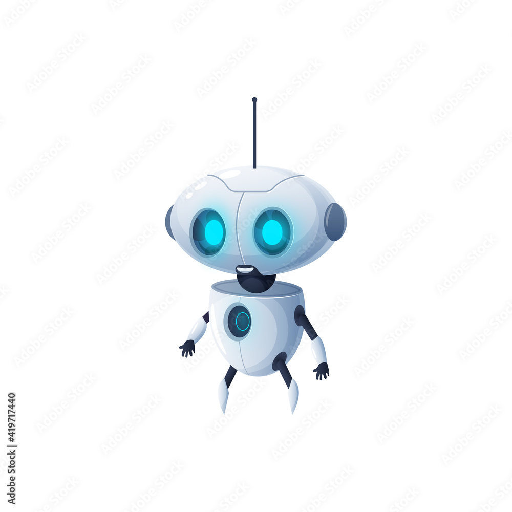 Cartoon robot with antenna on head isolated plastic hi-tech character. Vector modern stylish robotic cyborg, android robot mechanical sci fi futuristic kids toy, humanoid robotic automation Cartoon robot with antenna on head isolated plastic hi-tech character. Vector modern stylish robotic cyborg, android robot mechanical sci fi futuristic kids toy, humanoid robotic automation